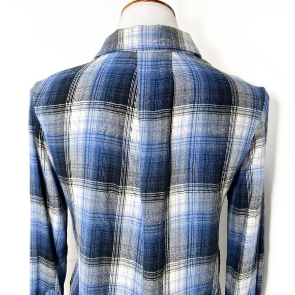 Anthropologie Blue Plaid High Low Fringe Hem Roll Sleeve Buttondown Shirt - Picture 9 of 12